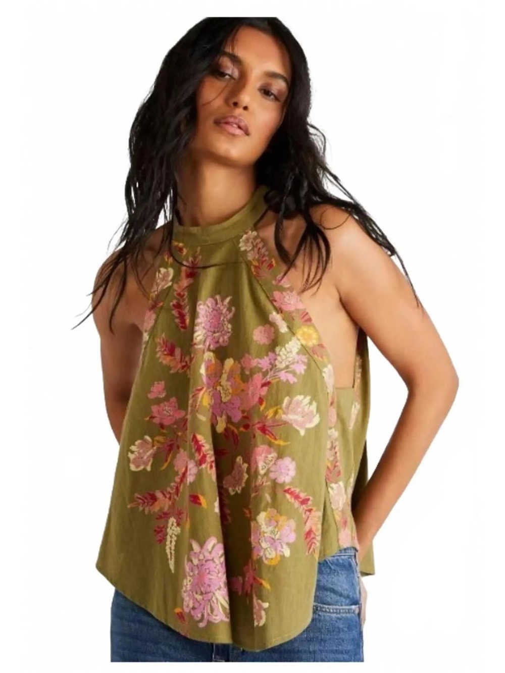 Free People Emily Olive Green Floral Halter